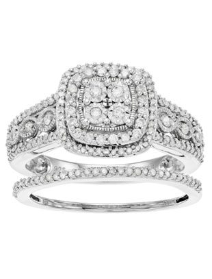 Always Yours Sterling Silver 1/2 Carat T.W. Diamond Cushion Engagement Ring Set (2)